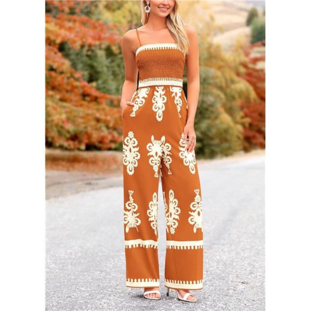 Women's Summer Boho Jumpsuit Spaghetti Strap Wide Leg Pants, Brick Red - Picture 4 of 6